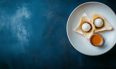 Two white balls of dessert in crispy cones served with a sauce on a white plate on a blue background.