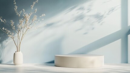 3D render of a podium in a minimal scene with a pastel blue and white abstract background. Trendy for social media banners, promotion,