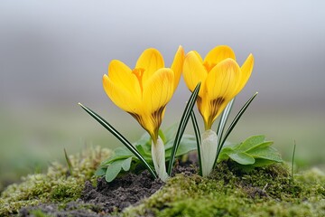 Two yellow crocuses blooming in the early spring, with green foliage and moss in the background.