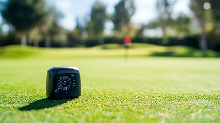 Close-up of a golf rangefinder on a green field, perfect for capturing precision in golfing activities and outdoor sports.