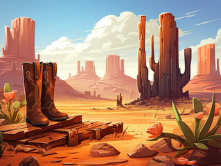 Wild west cartoon composition with outdoor landscape of desert with cowboy boots and hat