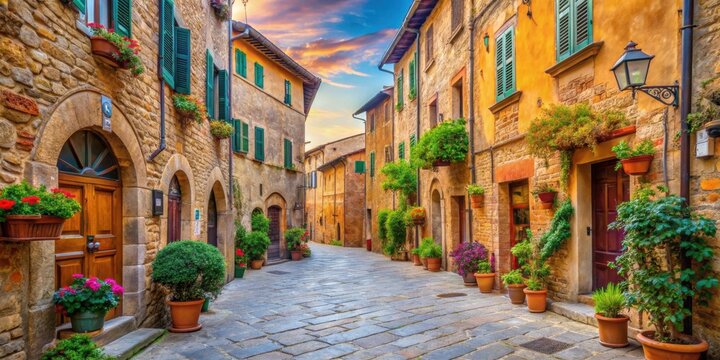 Fototapeta Colorful buildings lining a charming street in Pienza, Tuscany, Italy, Pienza, Tuscany, Italy, colorful, buildings