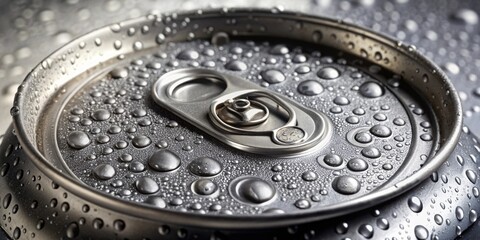 A close-up shot of a shiny aluminum beer can with water droplets, alcohol, beverage, drink, refreshment, cold, container, metallic