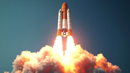 3D render of a space rocket launch, capturing the dramatic lift-off with flames and smoke, against a clear blue sky