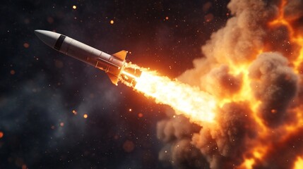 3D render of a space rocket launch, featuring realistic fire and smoke effects as the rocket begins its ascent into space