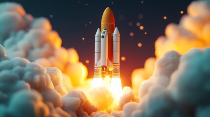 Obraz premium 3D render of a technology development process leading to the launch of a new product or service, with a space rocket lift-off as the focal point