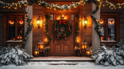 Cozy christmas porch with festive lights and wreath decorated for winter celebration