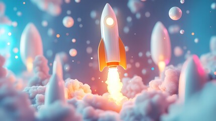 3D render of a technology development scene with a space rocket taking off, representing the launch of a new product or service