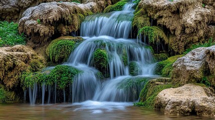 Fototapeta premium Small waterfall cascading over mossy rocks.