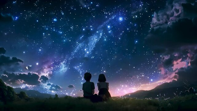 An anime scene of a couple gazing at the stars, embracing freedom and peace. The northern night scene conveys an atmosphere of peace and dreams.