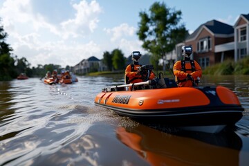 A futuristic disaster relief team evacuating citizens during a flash flood, using robotic boats and advanced flood barriers to minimize damage
