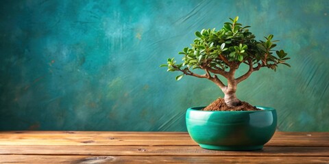 Jade plant bonsai in teal pot on wooden table, jade plant, bonsai, teal pot, wooden table, indoor plant, succulent