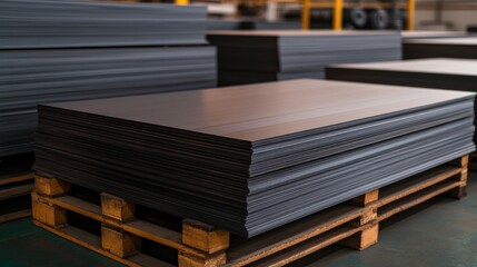 Stack of dark sheets on a wooden pallet in an industrial setting, representing construction and manufacturing materials.