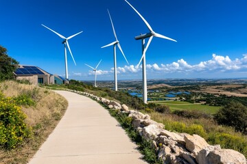 A futuristic rural community with eco-friendly homes, where sustainable technology powers homes, and clean energy is generated from surrounding wind and solar farms.