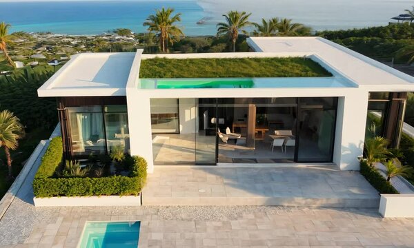 The facade of a single-storey house with panoramic open windows