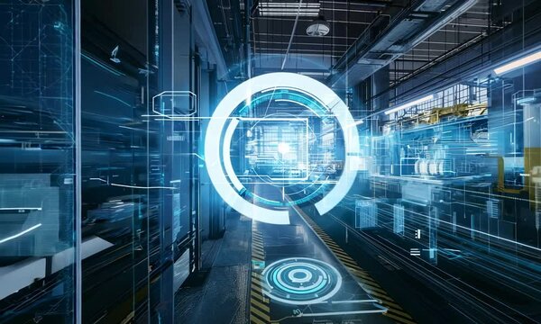 A high-tech industrial factory with digital holographic projection, a modern enterprise with an interface on equipment, demonstrating advanced production technologies