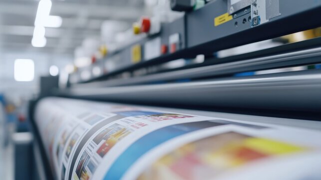 Close-up of a modern printing press producing high-quality prints in a busy printing facility.