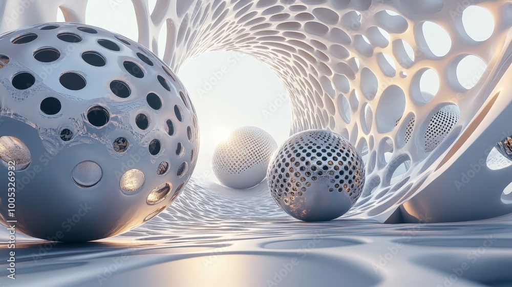 Poster 3d render of abstract spheres with geometric patterns, creating a visually engaging scene with contr