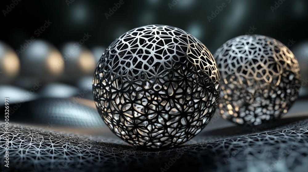 Poster 3d render of abstract spheres with intricate patterns and textures, set against a dark, gradient bac