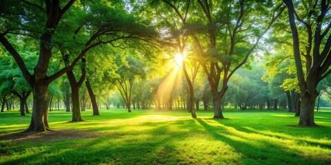 Obraz premium Blurry green park with sunlight streaming through trees, nature, outdoors, abstract, background, green, park, sunlight