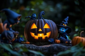 Naklejka premium A glowing enchanted jack-o'-lantern in a mystical Halloween forest, where magical creatures gather around the pumpkin as it casts an eerie light.