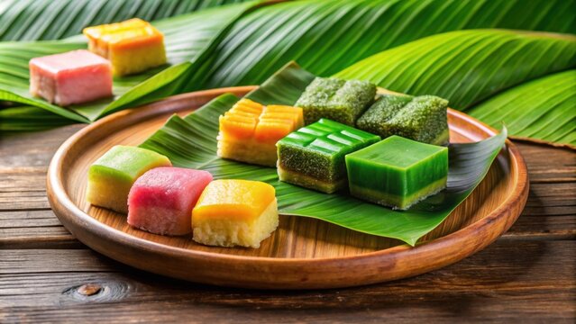 Traditional Malaysian Nyonya kuih and sweet desserts served on green banana leaf and wooden plate