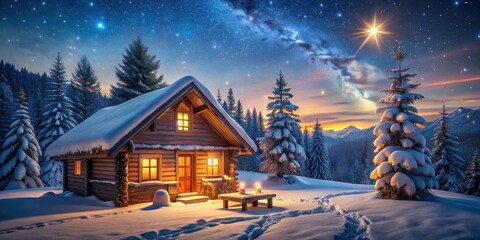 Fototapeta premium Cozy winter cabin with holiday decorations and snowman in snow-covered landscape under twinkling stars, winter, cabin