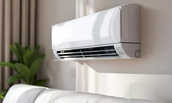 The suspended air conditioner on the wall in the house is the embodiment of the concept of natural freshness and coolness