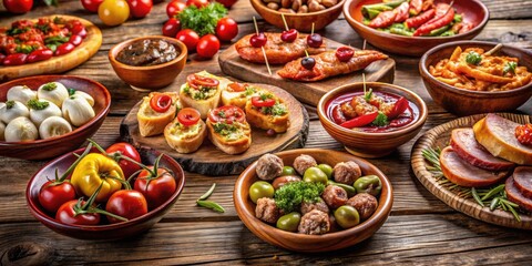 Fototapeta premium Variety of Spanish tapas on a rustic wooden table, Spanish cuisine, appetizers, small plates, Mediterranean