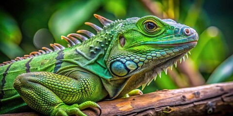 Fototapeta premium A detailed close-up photo of a vibrant green iguana on a tree branch, reptile, wildlife, tropical, exotic, lizard