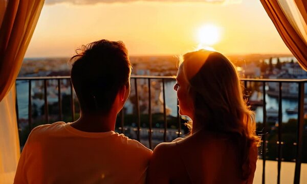 A young couple sitting on the balcony admiring the city sunset