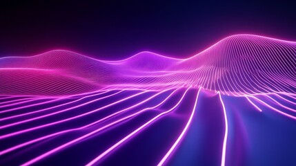 3D render of an abstract panoramic scene with neon lines in purple, violet, and pink glowing brightly in ultraviolet illumination