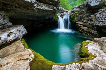 Obraz premium A hidden wilderness waterfall cascading into a remote river, surrounded by moss-covered rocks and untouched by human presence.