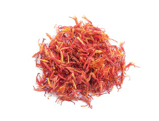 Naklejka premium Healthy Dried safflower petals herb tea on white background. Organic safflower. herbal teas and flower tea