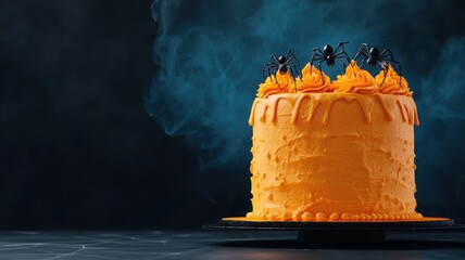 An orange cake topped with decorative elements, featuring black insects, set against a dark, smoky background.