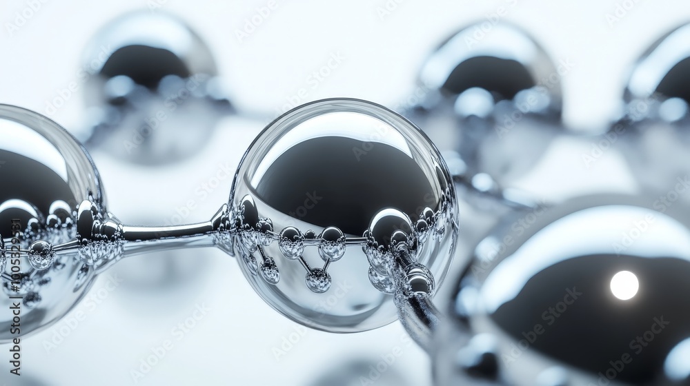 Poster 3d render of interconnected abstract spheres with metallic finishes, set against a minimalistic back
