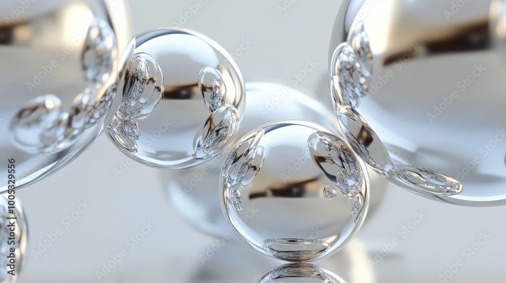Poster 3d render of interconnected abstract spheres with metallic finishes, set against a minimalistic back