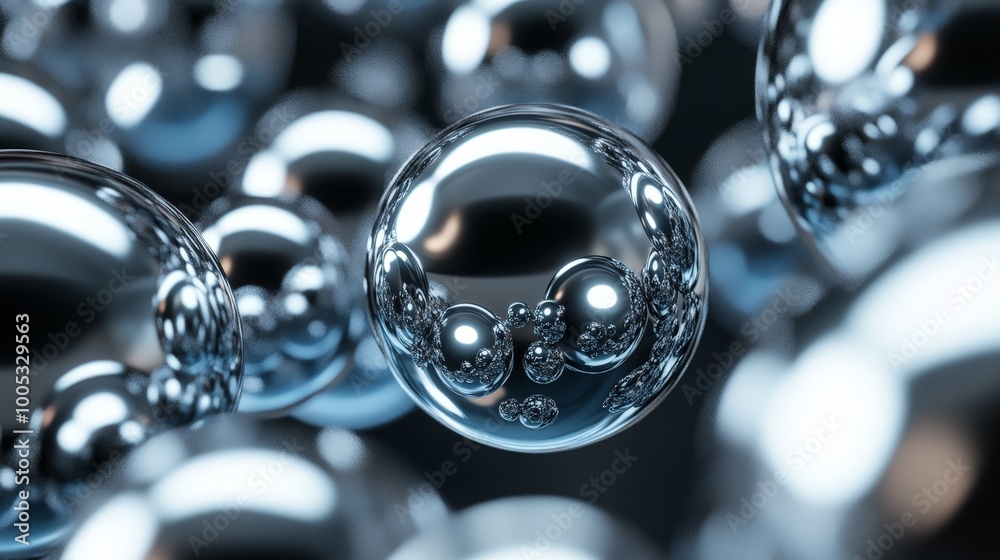 Poster 3d render of interconnected abstract spheres with metallic finishes, set against a minimalistic back