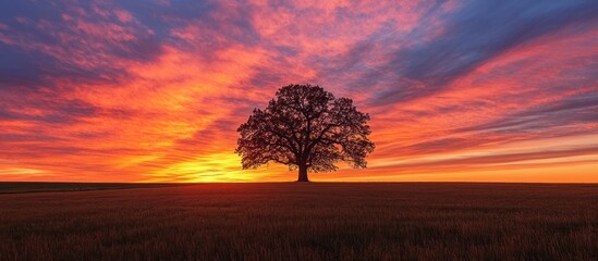 A solitary tree stands in a field at sunrise, with a vibrant, colorful sky as the backdrop.