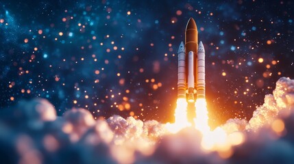 Obraz premium 3D render of launching a new product or service, showcasing the technology development process with a space rocket launch in the background