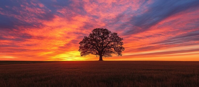 A solitary tree stands in a field at sunrise, with a vibrant, colorful sky as the backdrop.