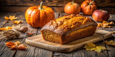 Freshly baked pumpkin bread on a rustic wooden table, autumn, fall, homemade, bakery, delicious, food, dessert, seasonal