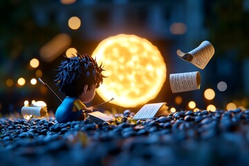 A magical figure planning for tomorrow under a glowing moon, with enchanted scrolls and floating quills writing out plans for an adventurous day ahead.