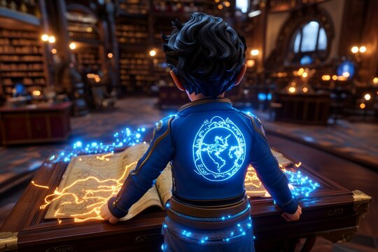 A magical figure in a fantastical library planning tomorrowâ€™s adventure, with enchanted maps and glowing scrolls illuminating the desk as they prepare for the day ahead.