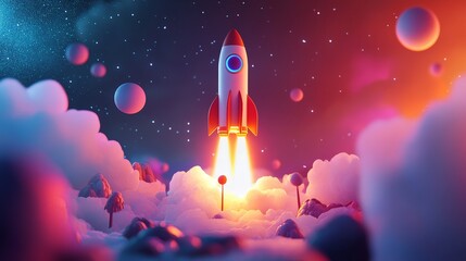 Fototapeta premium 3D render of the technology development journey leading up to a space rocket launch, representing the successful introduction of a new product or service