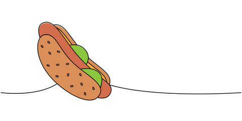 Hot-dog one line colored continuous drawing. Takeaway snack. Vector linear illustration.