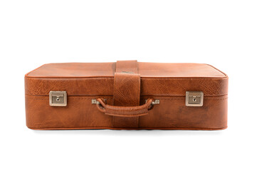 Brown retro leather suitcase on white background