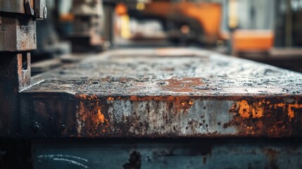 A close-up of a rusted industrial surface, highlighting wear and age in a manufacturing setting.