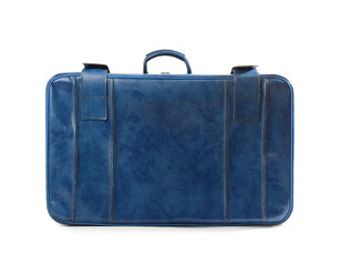 Blue retro leather suitcase on white background