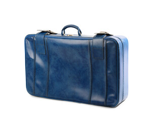 Blue retro leather suitcase on white background